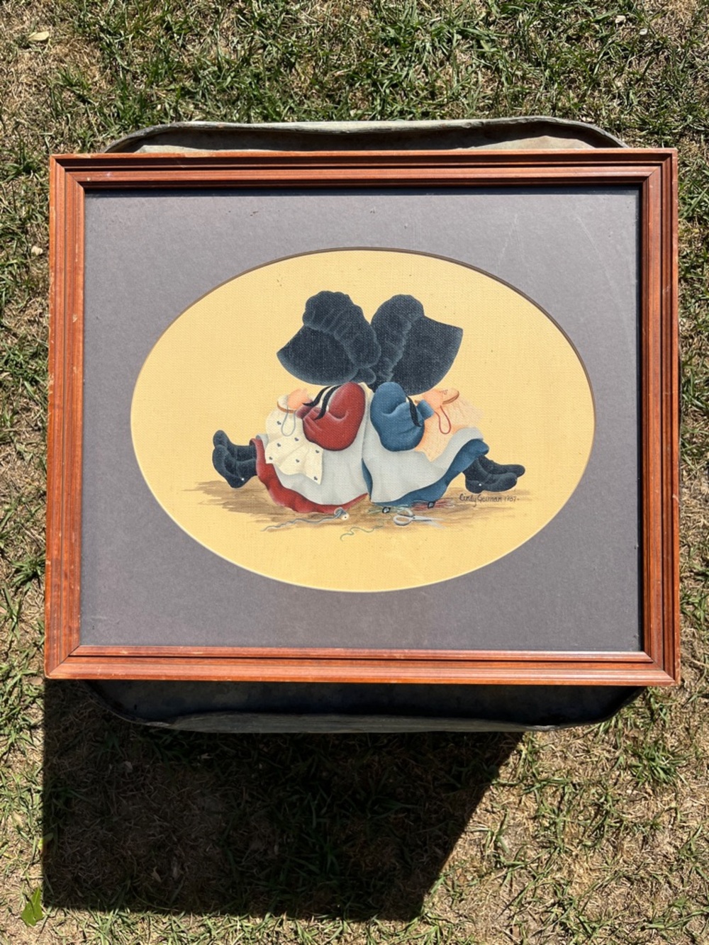 Signed Country Print of Two Children in Bonnets